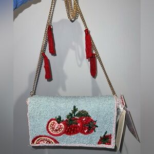 Tomato Blue Beaded Bag Made in India With Chain Strap